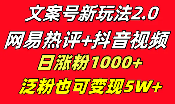 文案号网易热评+抖音文案 一天涨粉1000+ 多种变现模式-梧桐有术